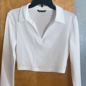 White collared long sleeve crop top